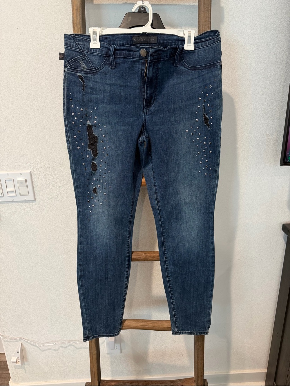 Rock & Republic Dark Blue Studded Distressed Skinny Jeans